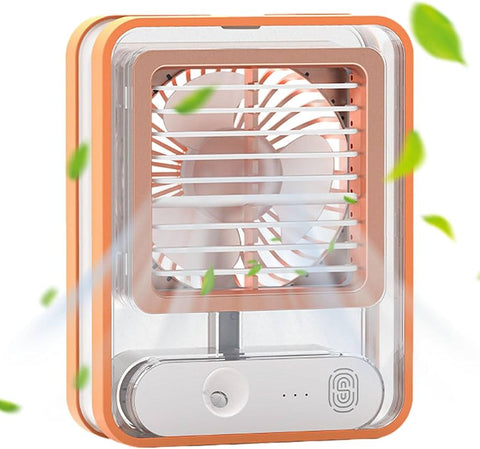 Portable fan with orange frame and white accents on a white background