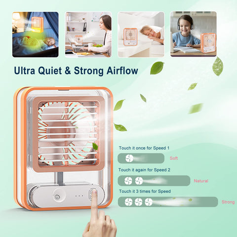 Portable fan with speed control options on a light green background