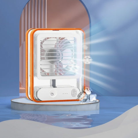 Mini air conditioner fan on a blue background.