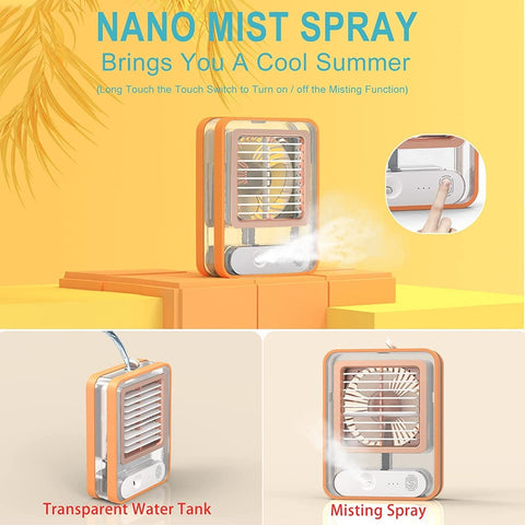 portable cooling fane and nano mist spray device with a yellow background and text about cooling summer.
