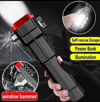Emergency Survival Torch with Rechargeable LED Flashlight, Glass Breaker, Cutter Blade – Ideal Car Safety Tool for Night Travel or Rescue