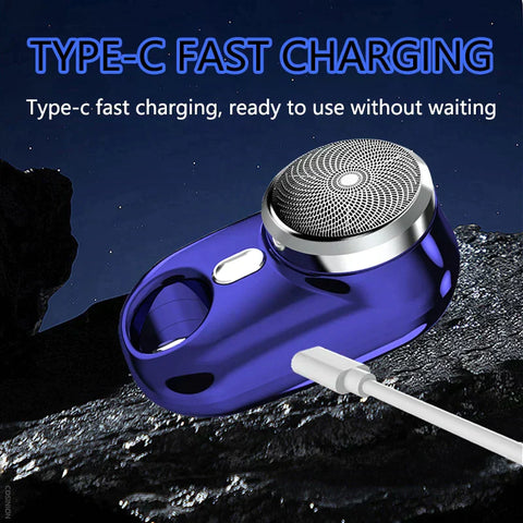 Blue electronic device with silver top on a dark background, featuring text about Type-C fast charging.