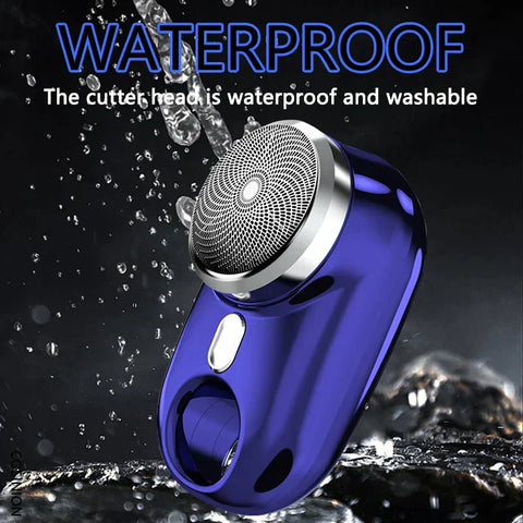 Purple electric shaver with water droplets and text indicating waterproof and washable features.