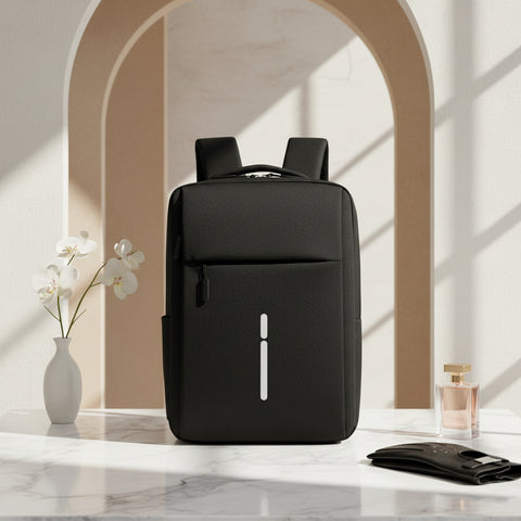 black bag pack with white strip