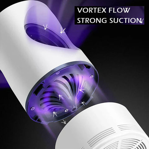White and purple vacuum cleaner with vortex flow and strong suction text on a dark background