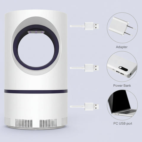 White electronic UV mosquito killer lamp with charging cables and adapter on a white background
