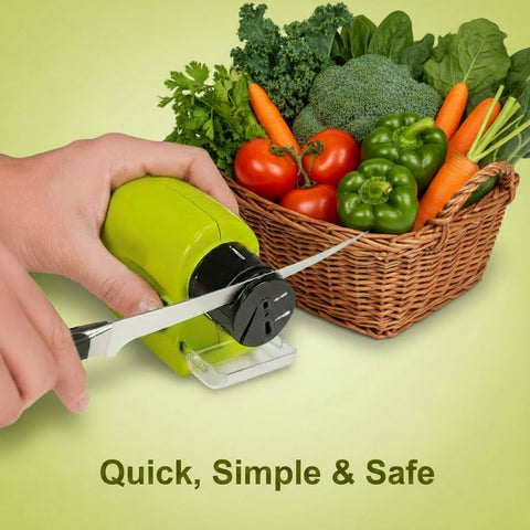Hand using a green knife sharpener 