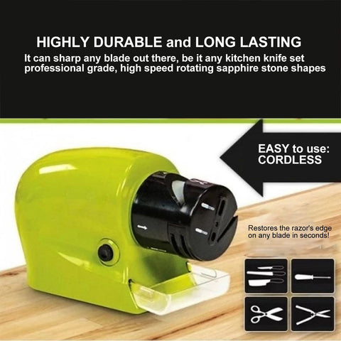 Green knife sharpener on a wooden surface with text highlighting its durability and ease of use.