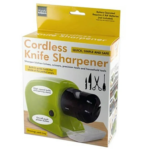 Box of a cordless knife sharpener with green sharpener and yellow packaging.